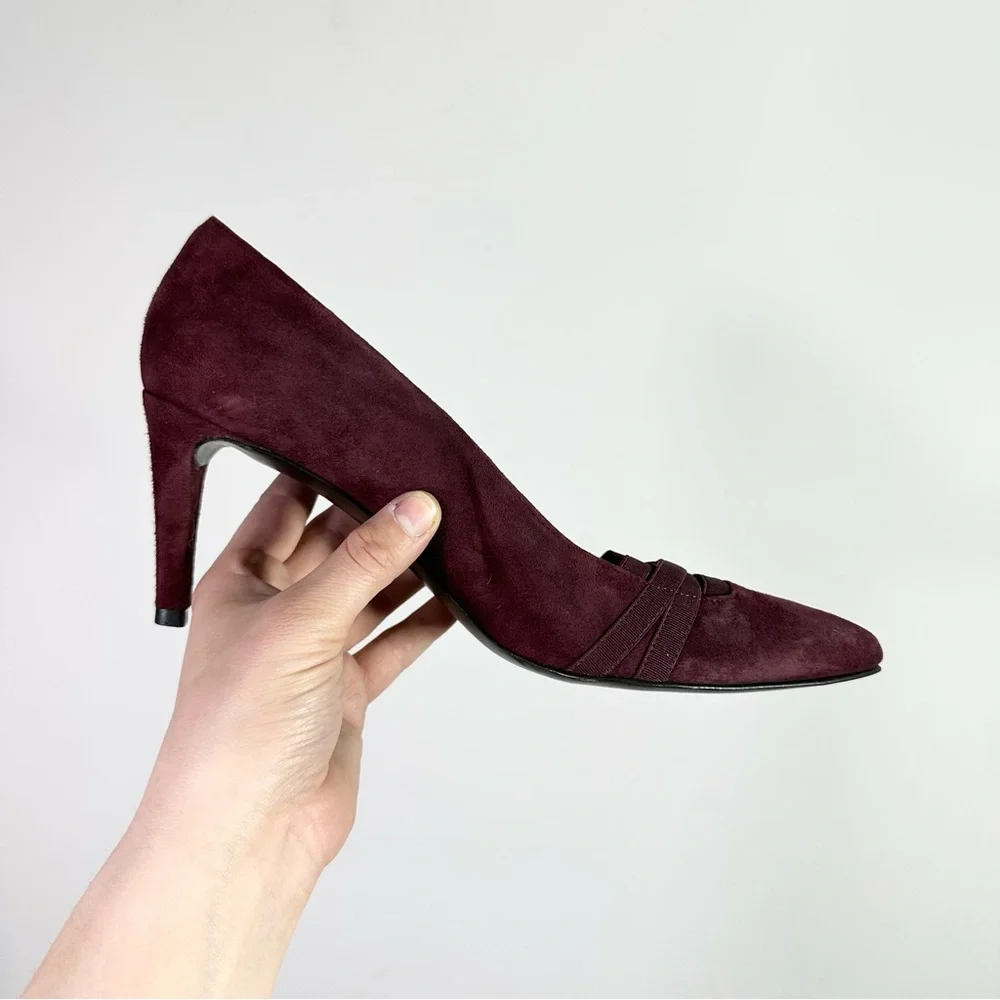 Stuart Weitzman Burgundy Pointed Toe Crossover Detail High Heeled Suede Pumps